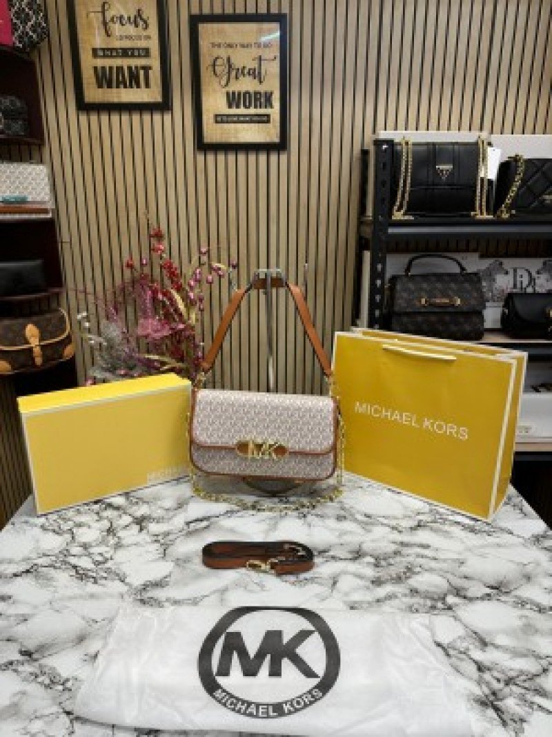 Michael Kors Mk Parker Leather Shoulder Bag ( Biege Brown )