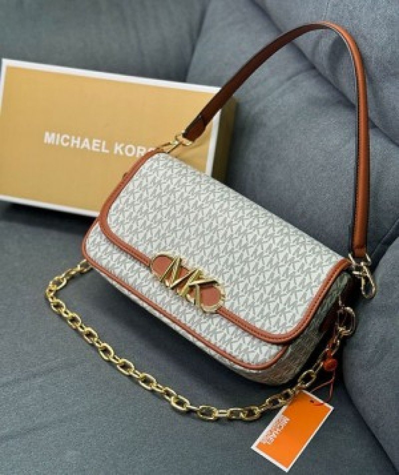 Michael Kors Mk Parker Leather Shoulder Bag ( Biege Brown )