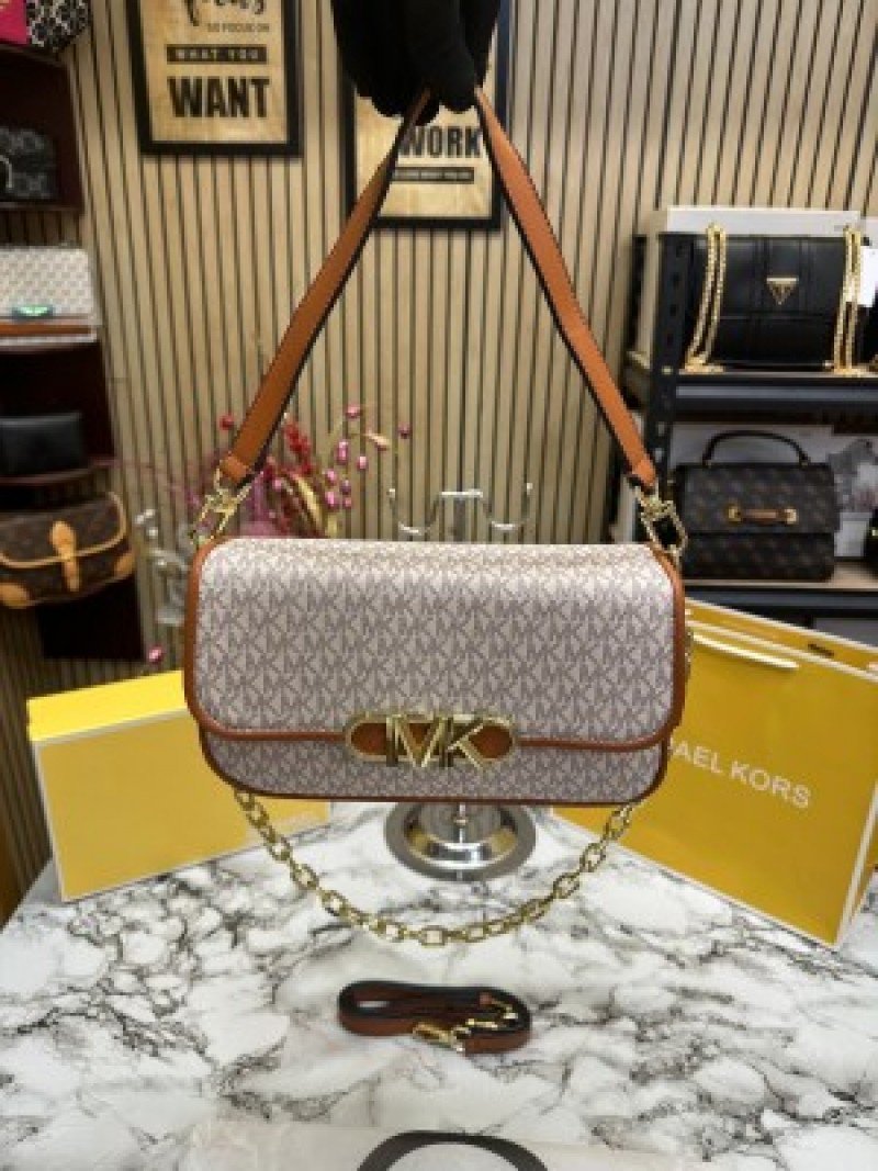 Michael Kors Mk Parker Leather Shoulder Bag ( Biege Brown )