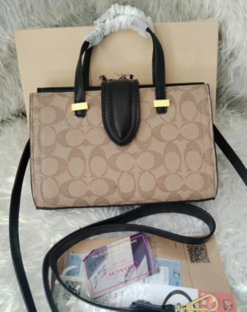 Coach Trendy Signature Satchel Bag ( Apricot Black )