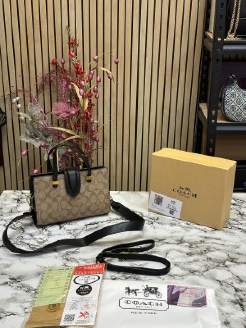 Coach Trendy Signature Satchel Bag ( Apricot Black )